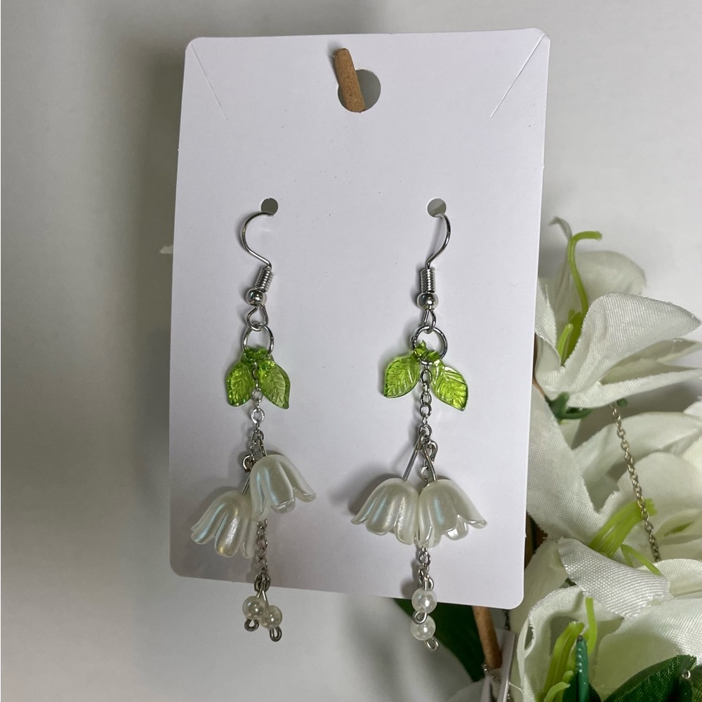 Lily of the Valley Pendant Flower Dangle Earrings - Handmade